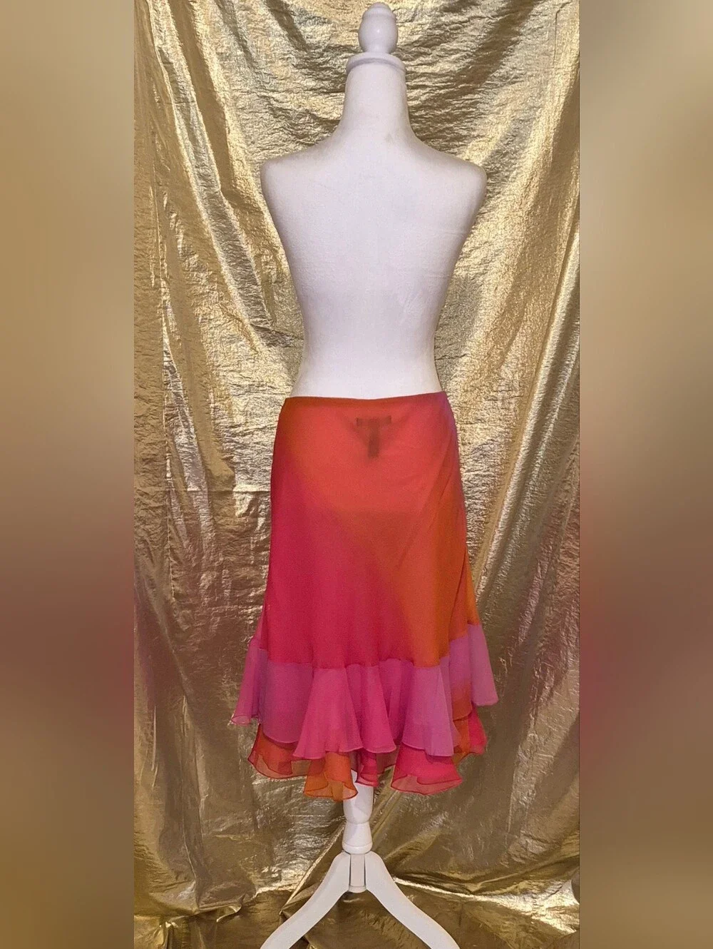 Ralph Lauren Pink and Orange Asymmetrical Ruffle Chiffon Skirt
